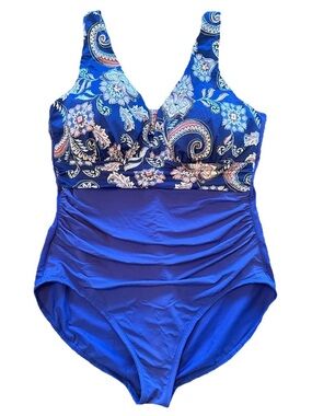 Land’s End Sz 14 DD Royal Blue & Floral One-Piece Swimsuit w/ Gold Logo Plaque